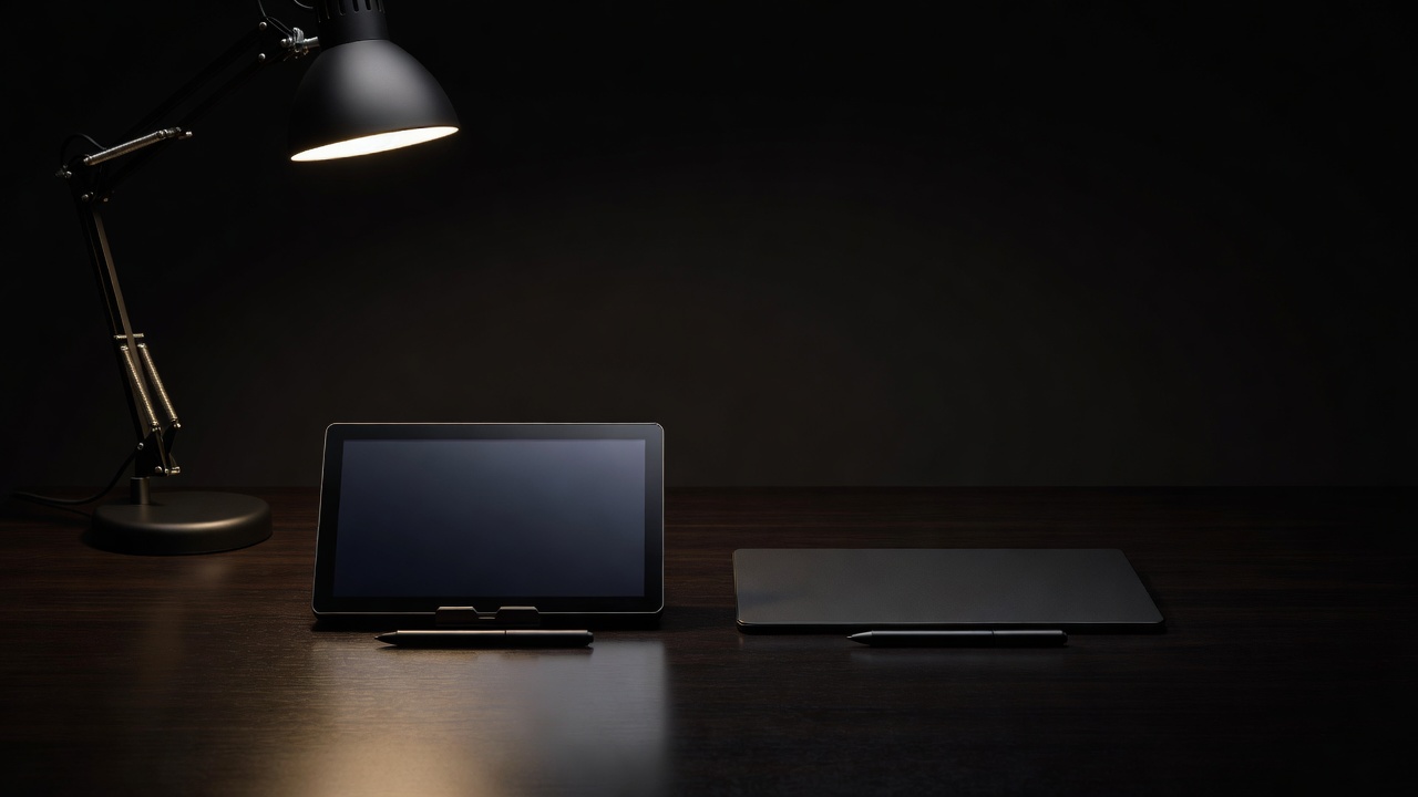 A pen display and a screenless pen tablet side by side on a dark desk lit by one lamp