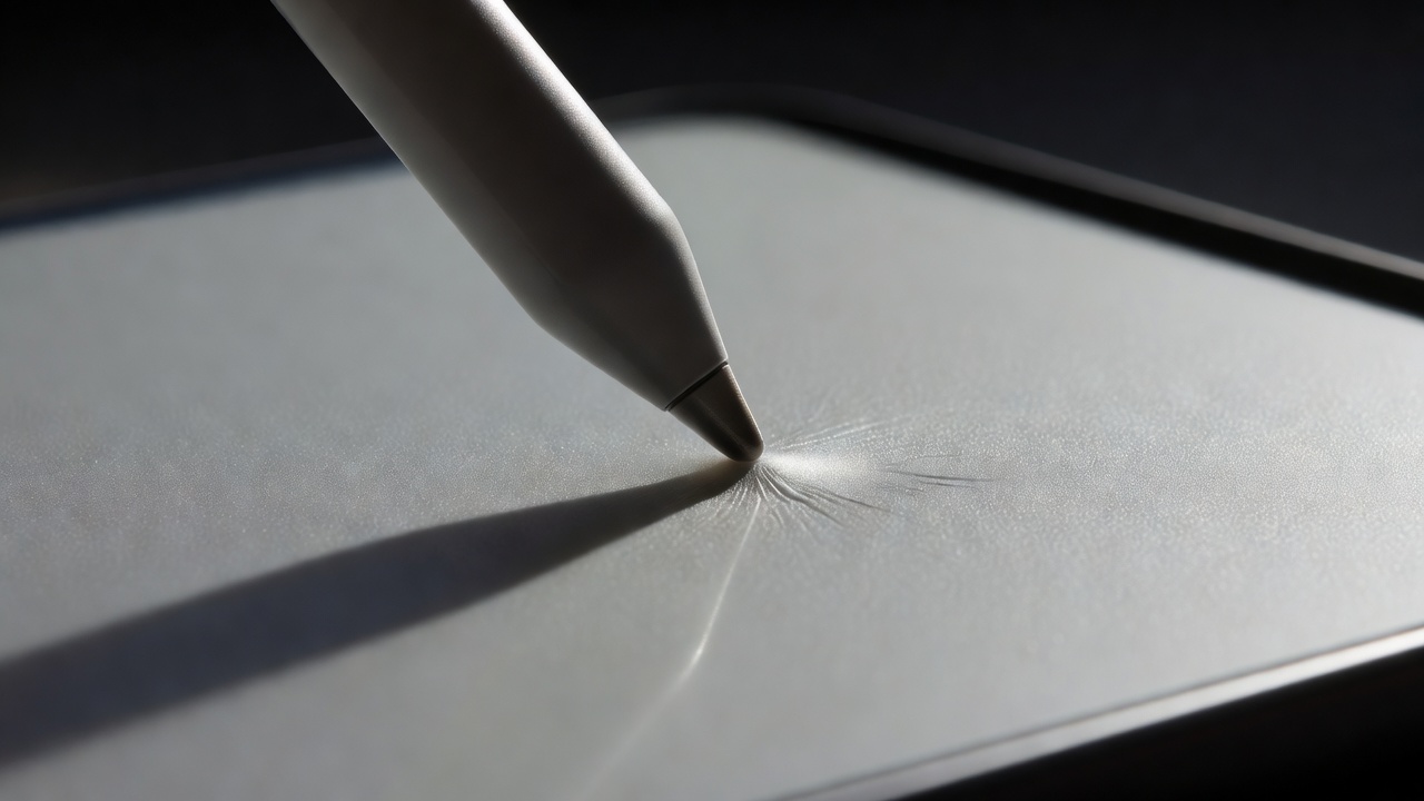 Macro photograph of a stylus nib pressing into matte tablet glass under a single hard light