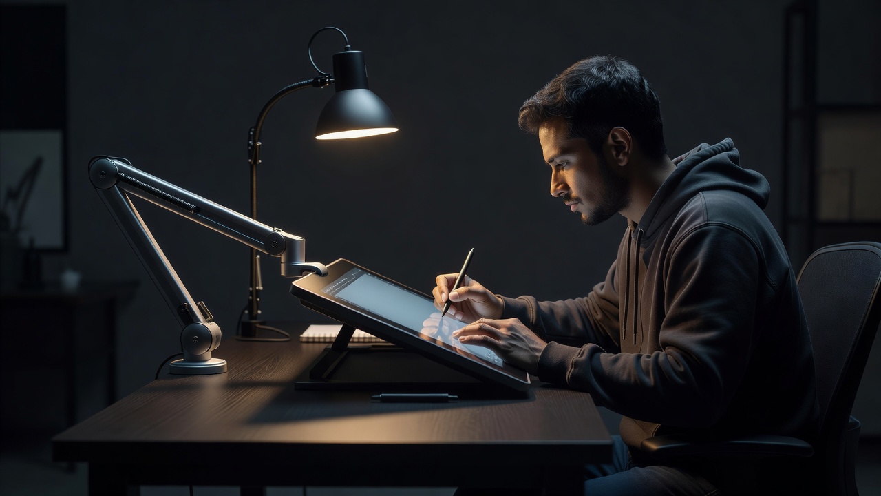 Pen display mounted on an adjustable arm and angled toward an artist at a dark desk with one lamp