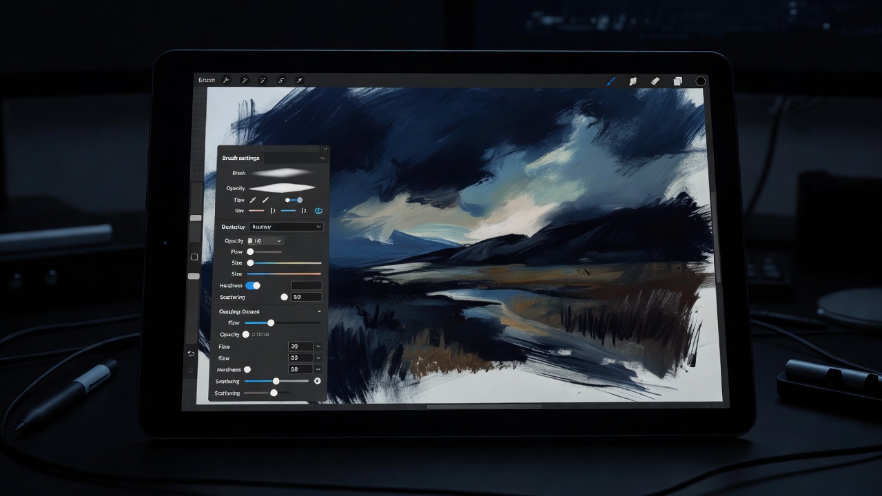 A brush settings panel open on a pen display at night, with a half-finished painting behind it