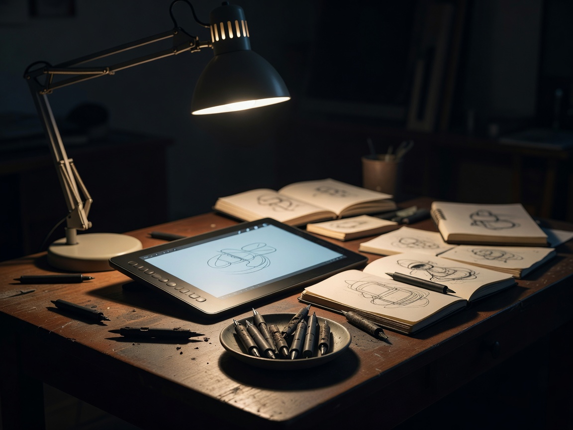 A night studio desk lit by one lamp, with a pen display, sketchbooks and worn stylus nibs